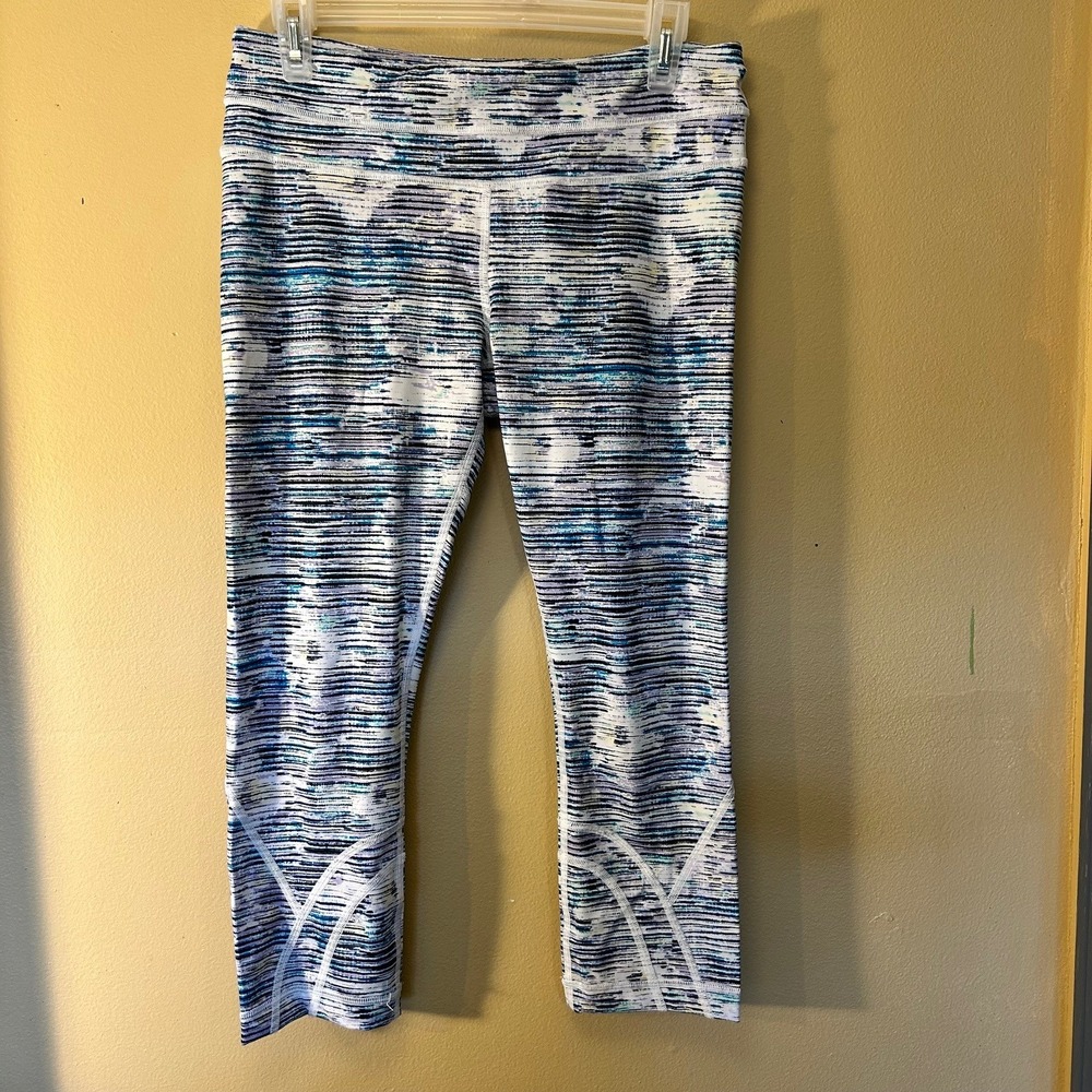 Lululemon Workout‎ Crop Leggings Size 8 Blue White Athletic Fitness Run